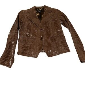 C CONCEPT Brown LEATHER‎ with embossed Crocodile print Blazer Jacket Size S